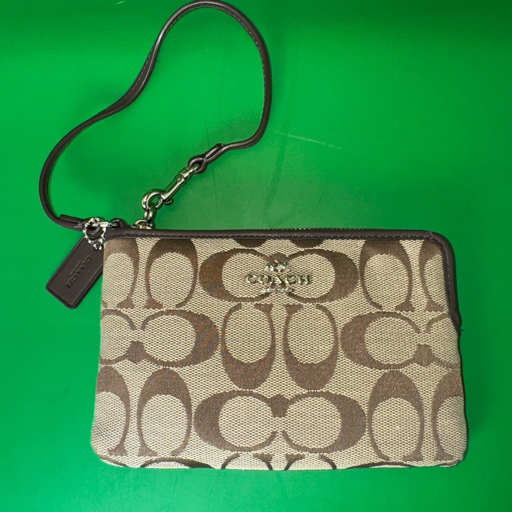 Coach Signature Brown and Tan Wristlet